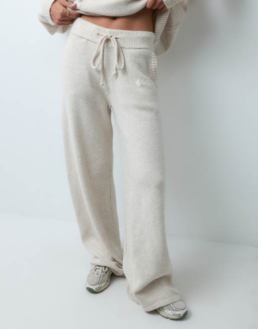 Kaiia knitted embroidered logo wide leg pants in oatmeal (part of a set), 3 of 5