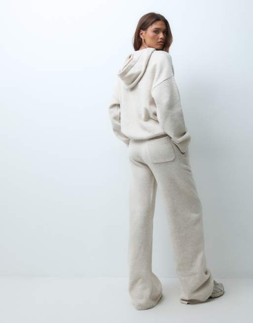 Kaiia knitted embroidered logo wide leg pants in oatmeal (part of a set), 4 of 5
