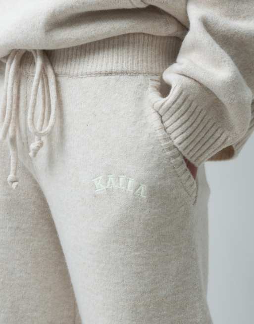 Kaiia knitted embroidered logo wide leg pants in oatmeal (part of a set), 5 of 5