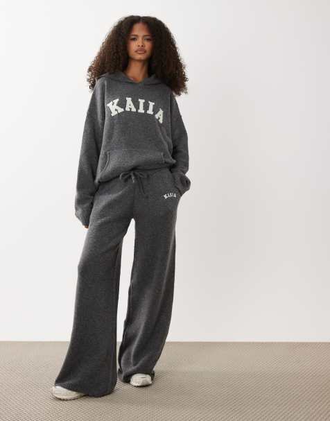 Kaiia knitted embroidered logo wide leg trouser co-ord in charcoal