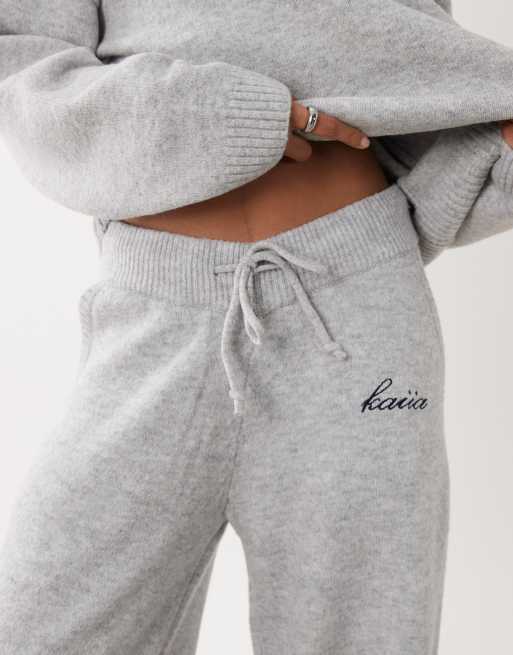 Kaiia knitted embroidered logo wide leg trouser co-ord in light grey, 4 of 6