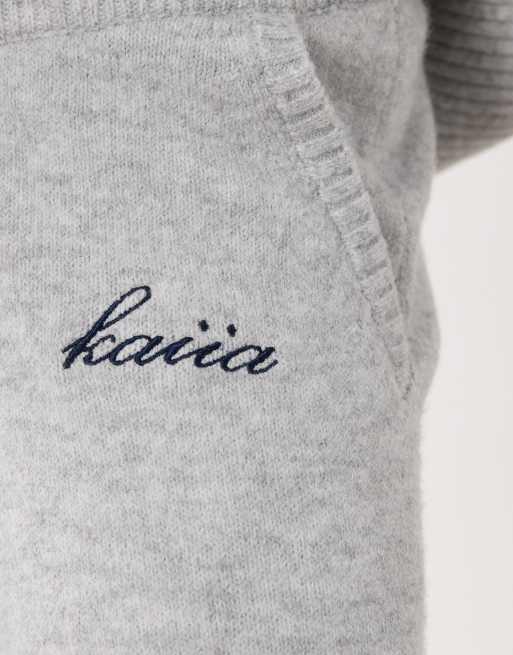 Kaiia knitted embroidered logo wide leg trouser co-ord in light grey, 6 of 6
