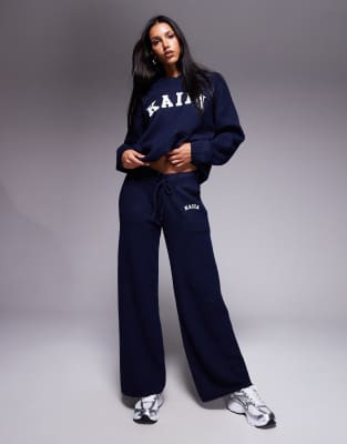 Kaiia Kaiia knitted embroidered logo wide leg trouser co-ord in navy