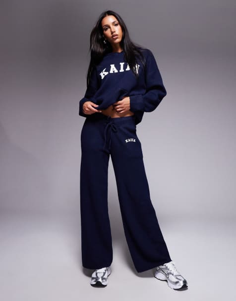 Kaiia knitted embroidered logo wide leg trouser co-ord in navy - view 1