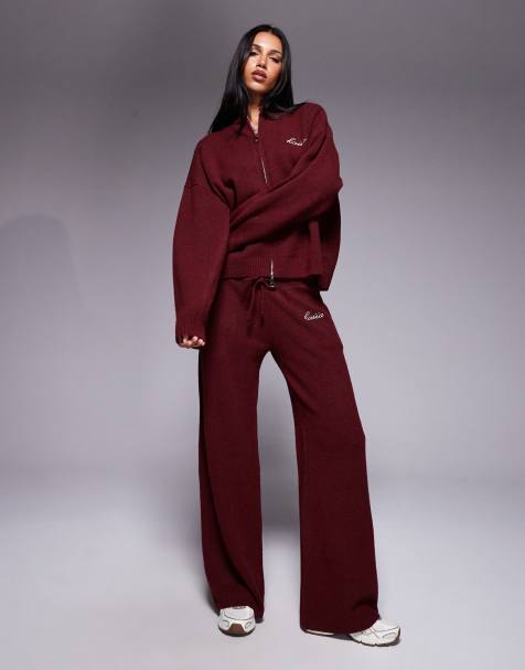 Kaiia knitted embroidered logo zip through jumper and wide leg pants set in cherry - view 1