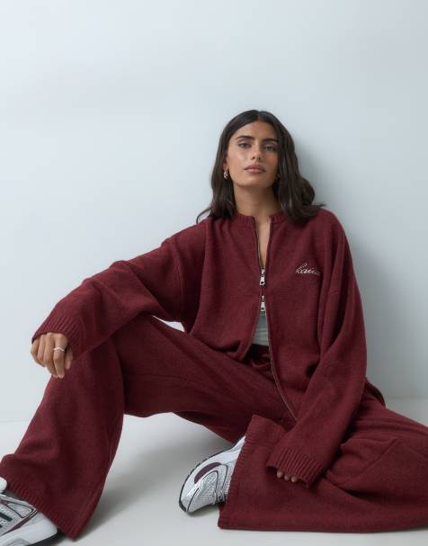 Kaiia knitted embroidered logo zip through jumper and wide leg pants set in cherry - view 1
