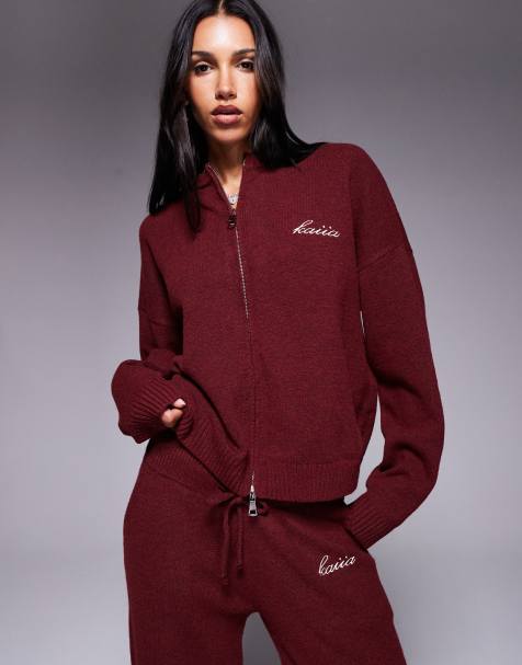 Kaiia knitted embroidered logo zip through jumper in cherry (part of a set) - view 1