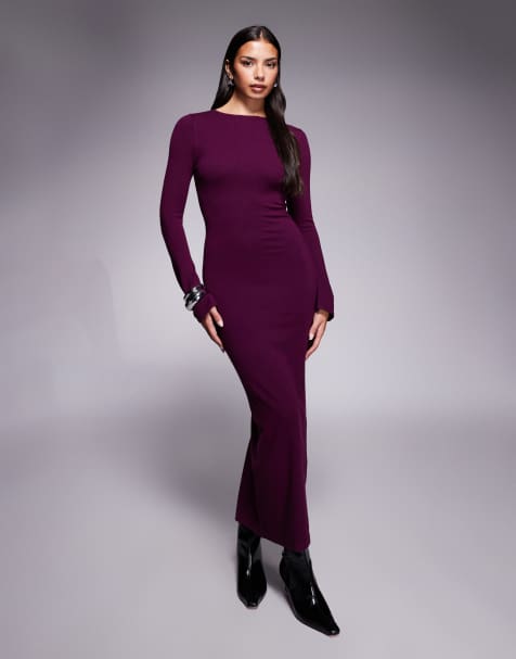 Kaiia knitted flared sleeve bodycon maxi dress in plum - view 1