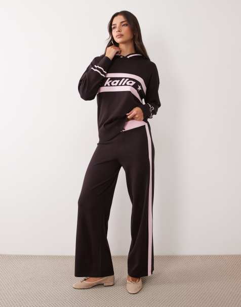 Kaiia knitted logo stripe v-neck hoodie and wide leg joggers co-ord in chocolate and pink - view 1