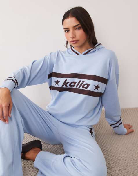 Kaiia knitted logo stripe v-neck hoodie co-ord in blue and dark brown - view 1