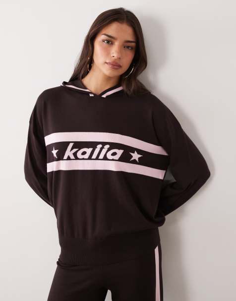 Kaiia knitted logo stripe v-neck hoodie co-ord in chocolate and pink - view 1