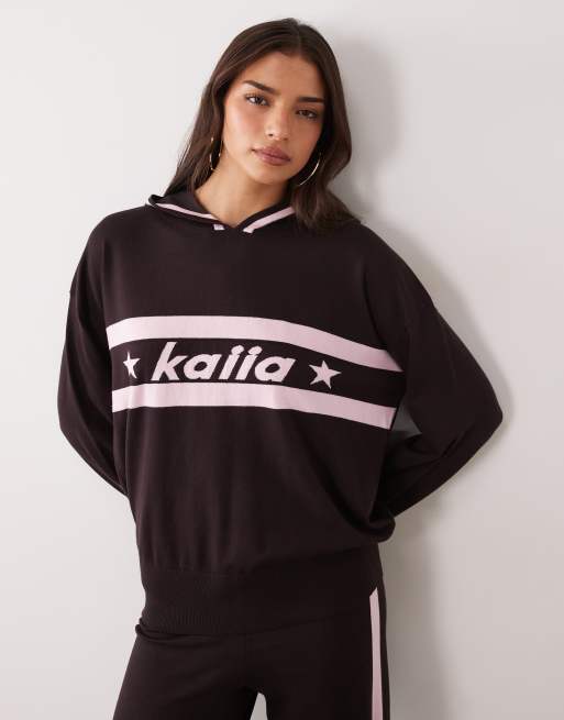 Kaiia knit logo stripe v-neck hoodie and wide leg sweatpants set in chocolate and pink, 3 of 3