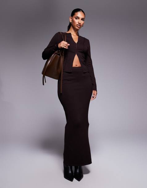 Kaiia knitted maxi column skirt co-ord in brown