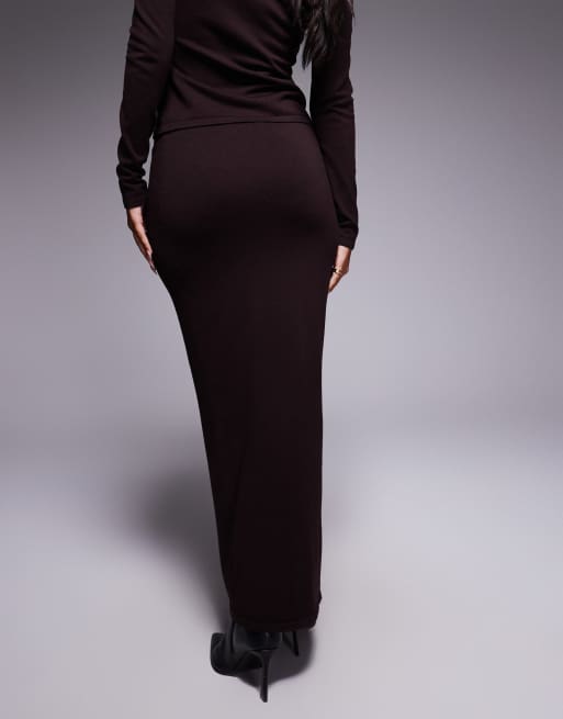 Kaiia knitted maxi column skirt co-ord in brown, 5 of 5