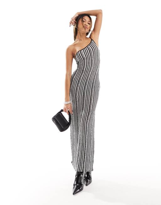  Kaiia knitted one shoulder maxi dress in black and white stripe