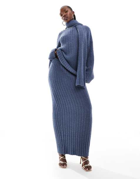 Kaiia knitted rib oversized jumper with scarf and maxi skirt set in navy - view 1