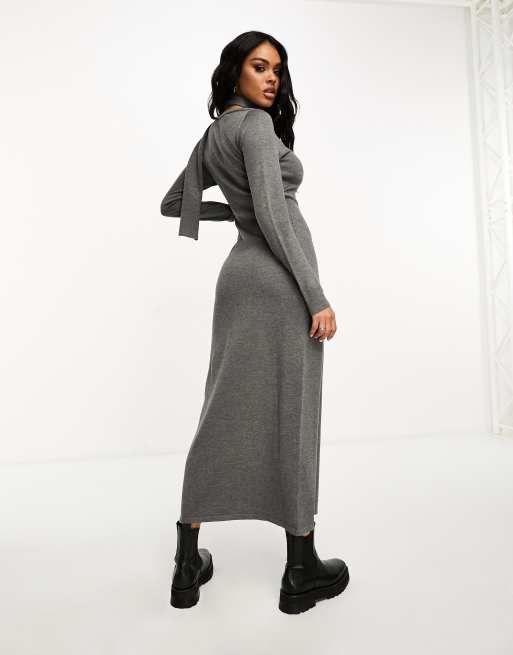 Kaiia knitted scarf detail maxi thigh split jumper dress in charcoal
