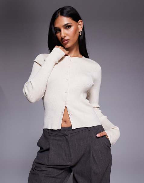 Kaiia knitted shrunken cardigan in cream - view 1