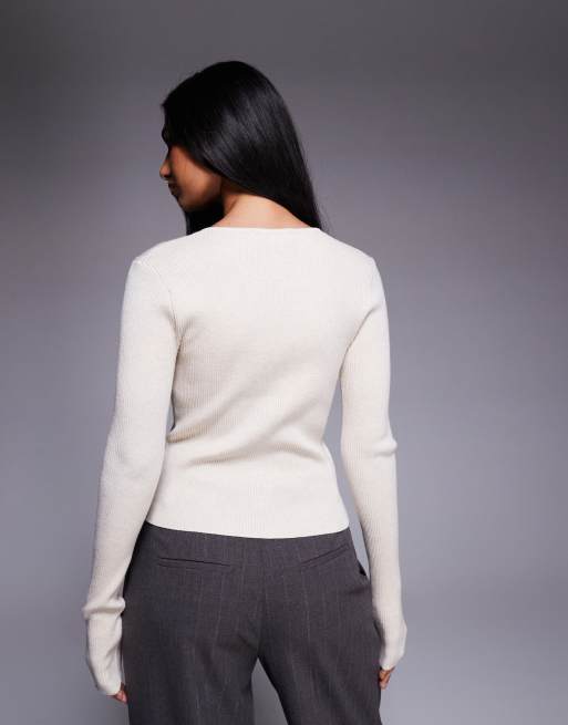 Kaiia knitted shrunken cardigan in cream , 3 of 4