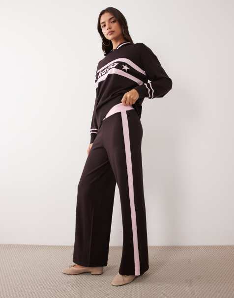 Kaiia knitted side stripe wide leg joggers co-ord in chocolate and pink - view 1