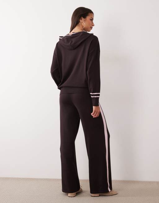 Kaiia knitted side stripe wide leg trackies co-ord in chocolate and pink, 5 of 5