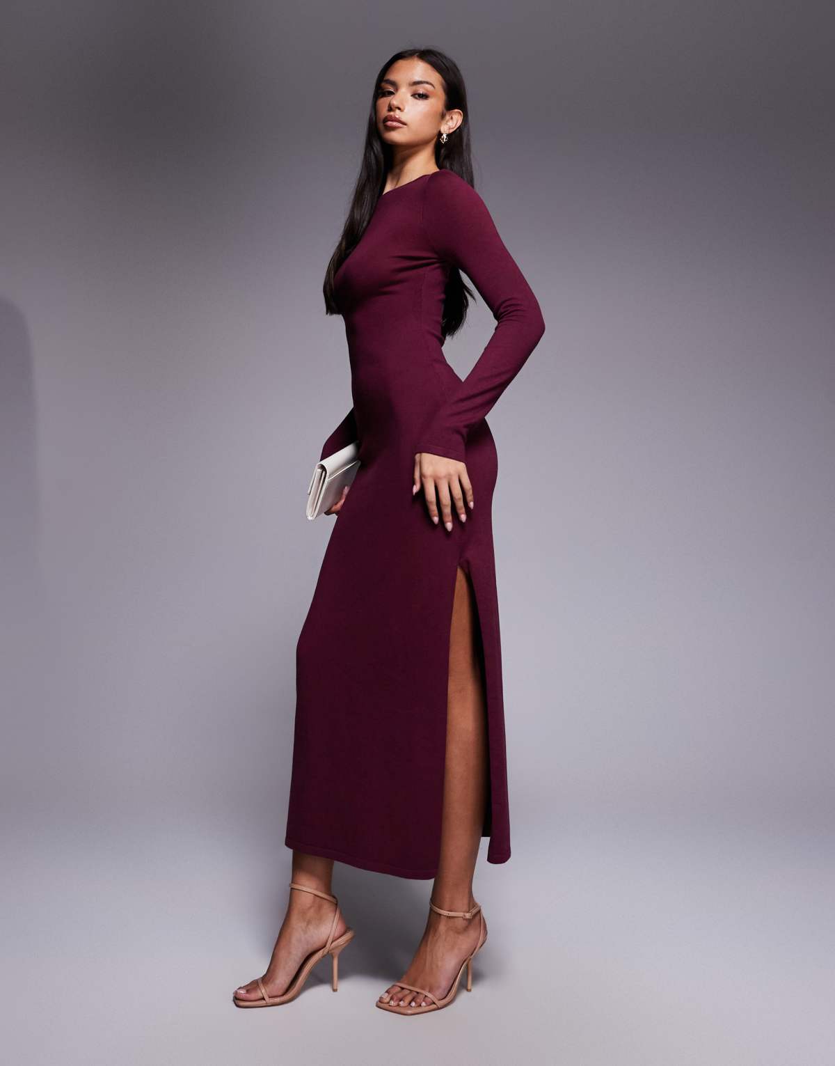 Kaiia knitted slash neck long sleeve maxi dress in burgundy