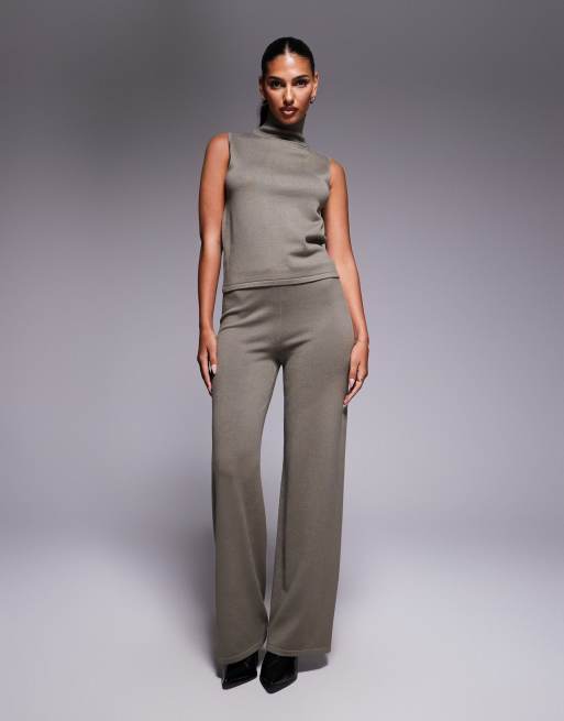 Kaiia knitted slash neck sleeveless top and drawstring trousers co-ord in olive