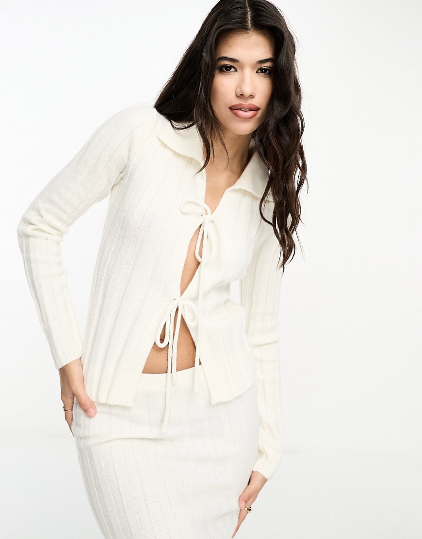 knitted tie front collared top in cream - part of a set-White