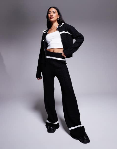 Kaiia knitted wide leg contrast stripe trousers co-ord in mono - view 1