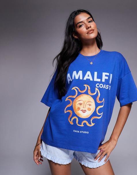 Kaiia – Koboltblå t-shirt i oversize med Amalfi Coast- och soltryck i tyg med hög andel bomull - view 1