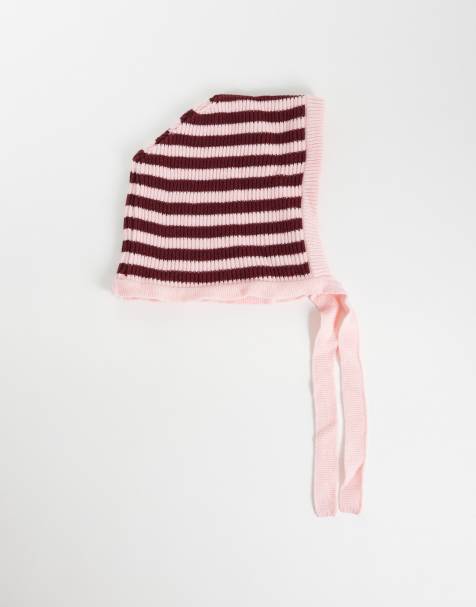 Kaiia kun hos strikket snood med bindebånd i bordeaux og pink stribe - view 1