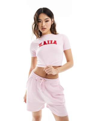 Kaiia - Kurzes, knappes T-Shirt in Rosa mit Logo, Kombiteil