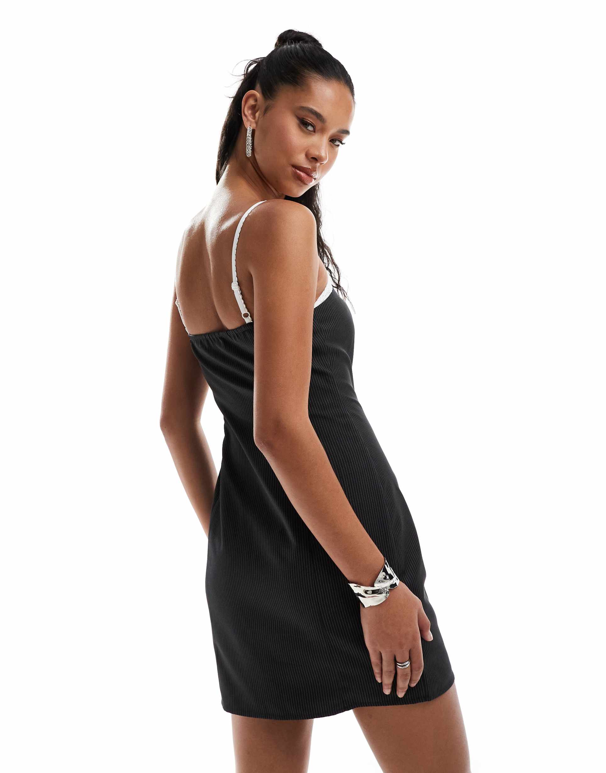 kaiia lace bra detail tailored bandeau mini dress in gray pinstripe