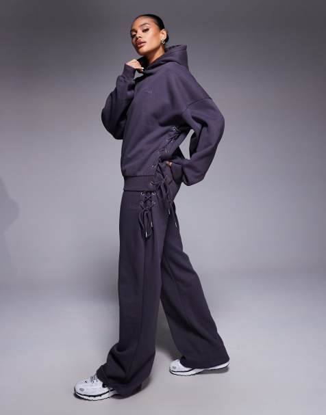 Kaiia lace up detail wide leg joggers and oversized lace up detail hoodie co-ord in charcoal - view 1