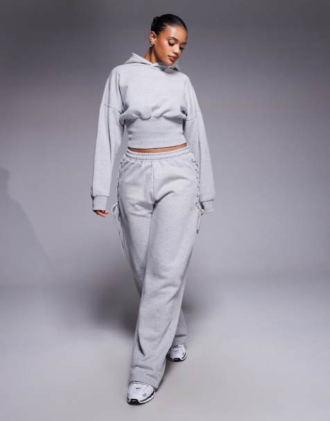 Kaiia lace up side detail wide leg trackies and cinched waist corset detail hoodie set in mid grey - view 1