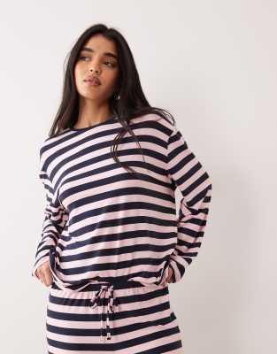 Langärmliges Oversize-Oberteil aus superweichem Jersey in Marineblau und Rosa gestreift mit Rundhalsausschnitt, Kombiteil-Bunt Bunt 38