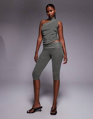 Kaiia layered slinky mesh foldover waist capri pants and one-shoulder scarf detail top set in black/yellow stripe