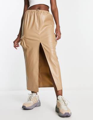 Kaiia leather look cargo midi skirt in camel - ASOS Price Checker