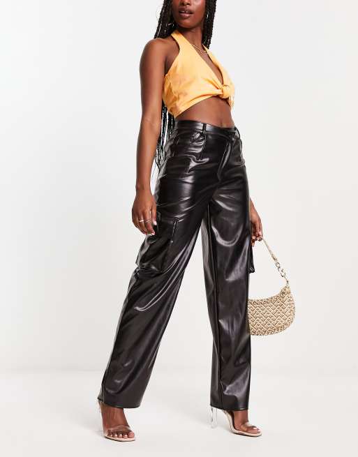 Kaiia leather look cargo pants with asymmetric waistband in black