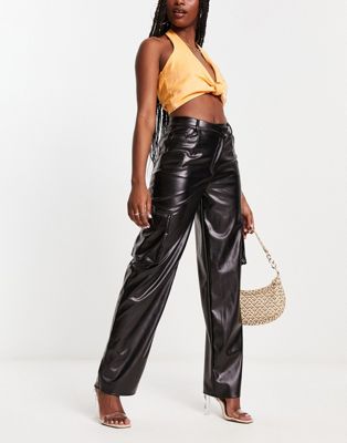Kaiia leather look cargo trouser with asymmetric waistband in black - ASOS Price Checker