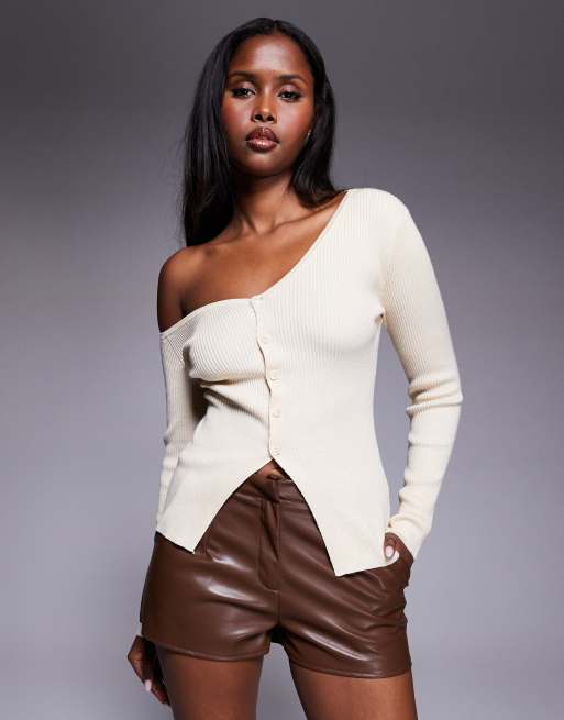 Kaiia leather look mini shorts and long sleeve knitted top co-ord in chocolate brown