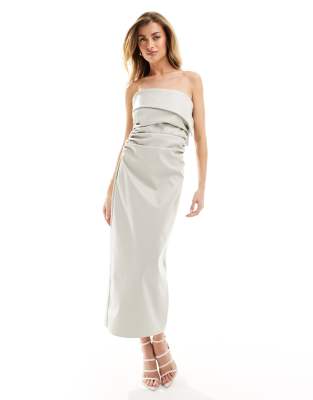 leather look ruched bandeau midaxi dress in ecru-White