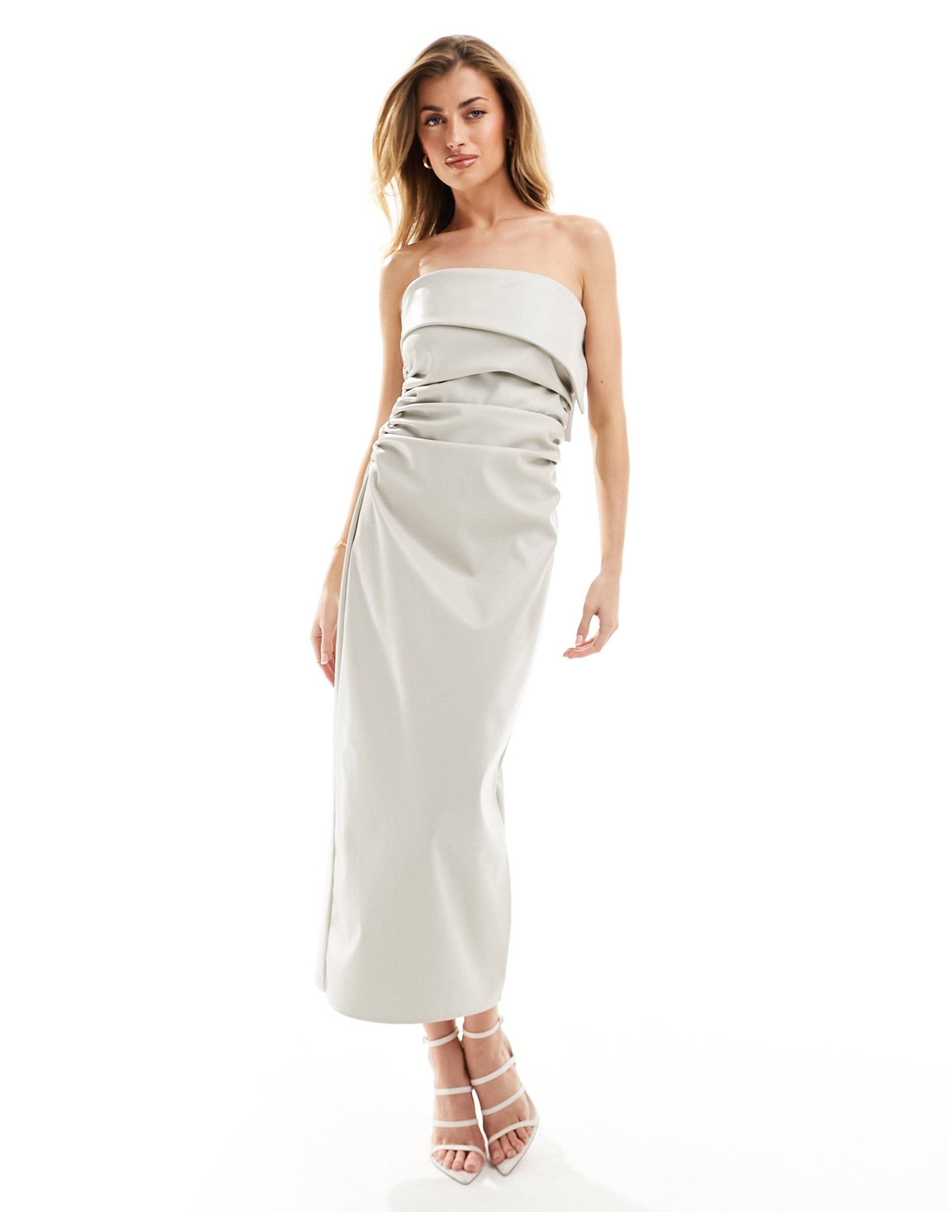 kaiia leather look ruched bandeau midaxi dress in ecru