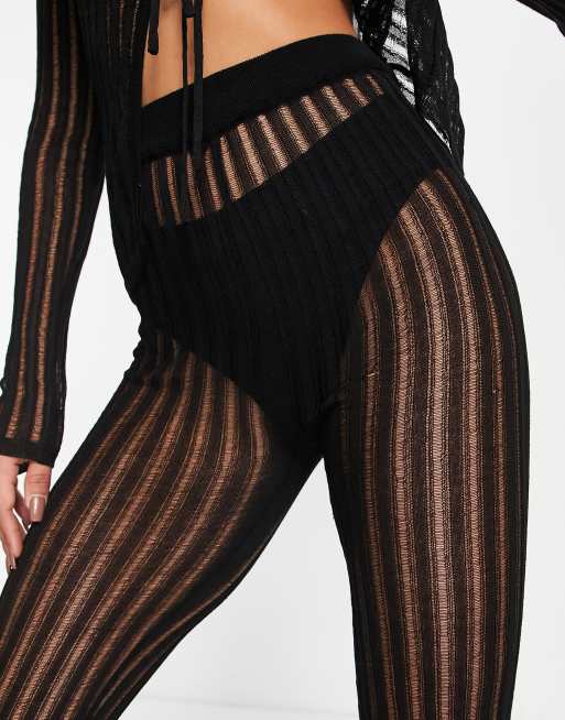 Legging Côtelé Noir À Devant V Et Taille Élastique