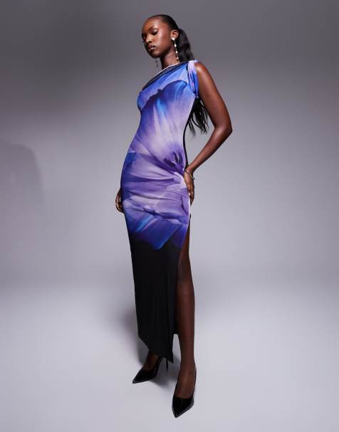 Kaiia - Lilla-blomstret oneshoulder-maxikjole med lårslids og snoet detalje i mesh - view 1