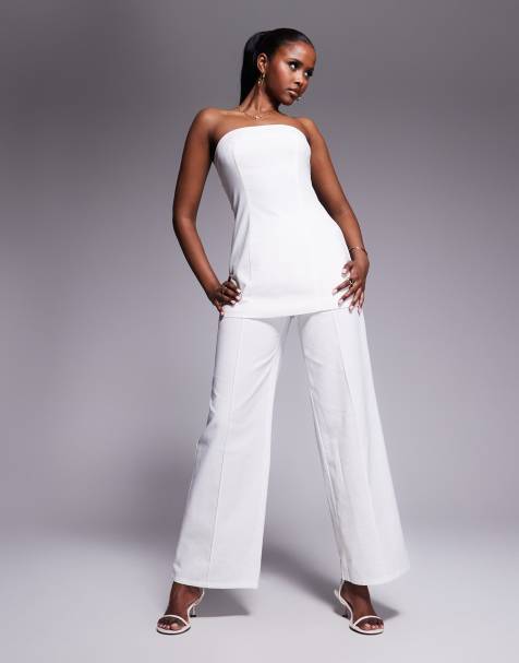 Kaiia linen blend bandeau flared top and straight leg pants set in white - view 1