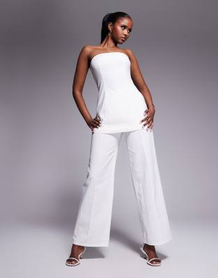 asos Kaiia linen blend bandeau flared top and straight leg trouser co-ord in white