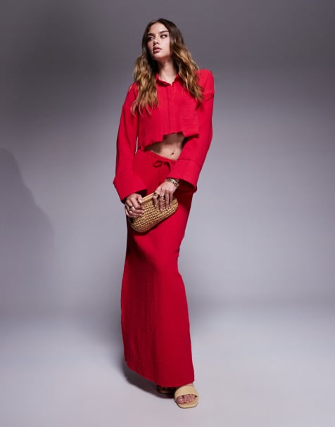 Kaiia linen blend cropped tie back oversized shirt and maxi skirt co-ord in red - view 1