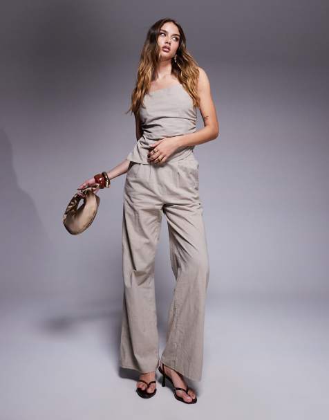 Kaiia linen blend look halter square neck ruched detail top and wide leg pants set in coffee - view 1