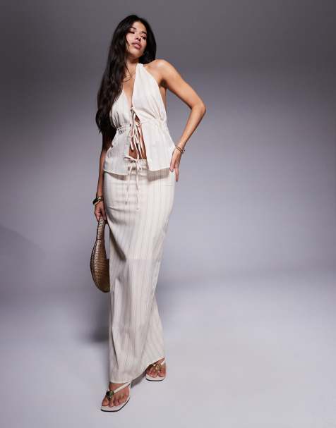 Kaiia linen blend, tie detail halterneck top and maxi skirt co-ord in cream stripe - view 1